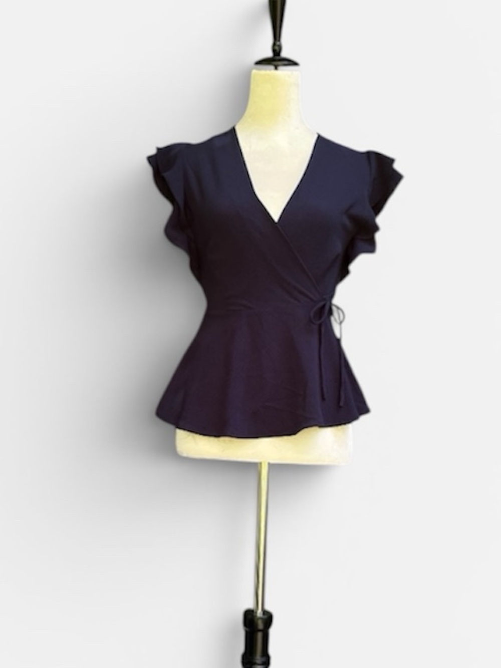 Monteau Los Angles Navy Blue Ruffle Flutter Sleeve Wrap Peplum Top Sz S